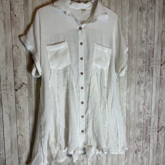Umgee White Boho Semi Sheer Rayon Frayed-Edge Button Up Tunic Blouse Large - Picture 2 of 6